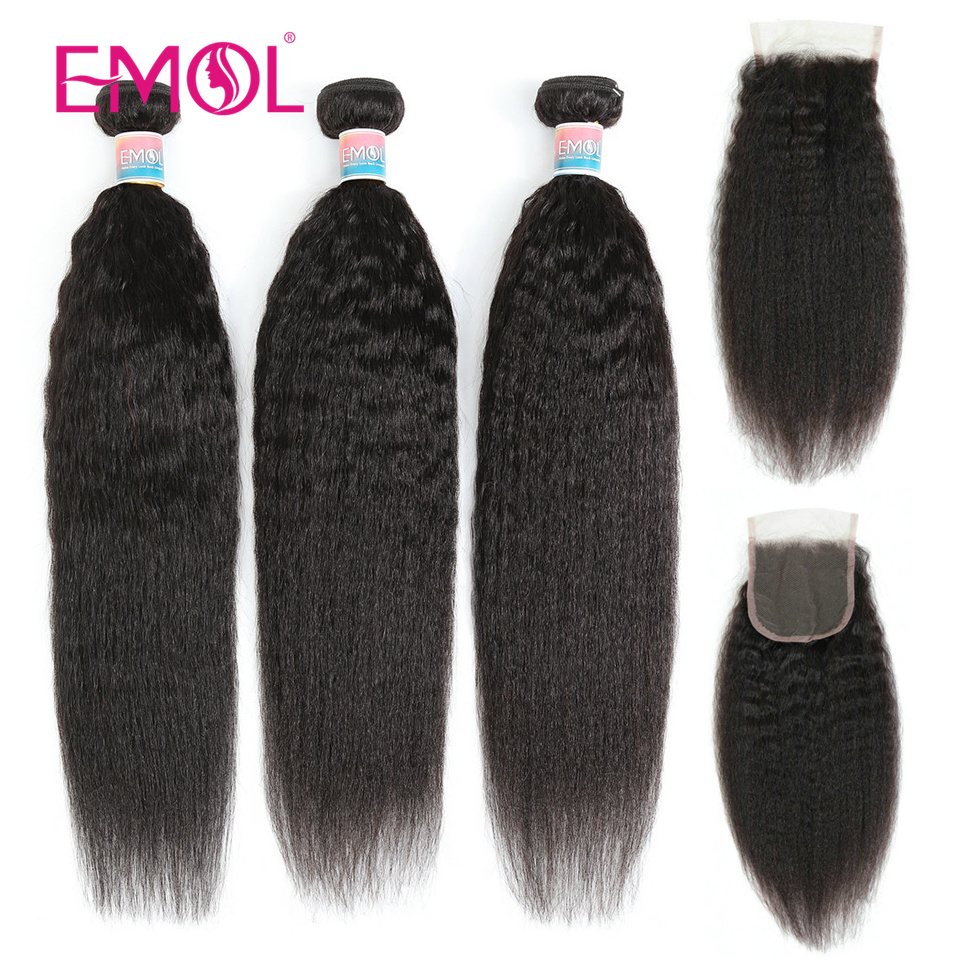 EMOL Kinky Straight Hair Bundles With Closure 4x4 ̽ Ŭ ̽þ ü   Remy Natural Hair Extensions